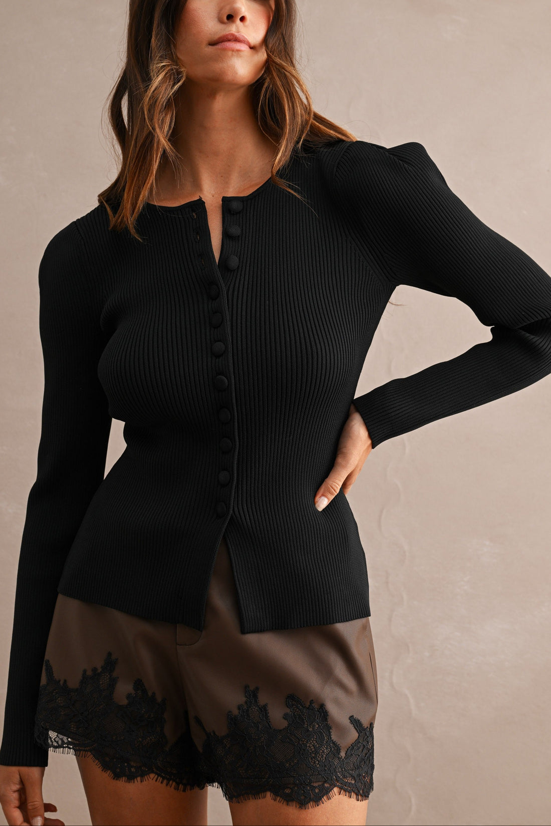 Puff Shoulder Ribbed Knit Button Front Cardigan Top