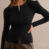 Puff Shoulder Ribbed Knit Button Front Cardigan Top