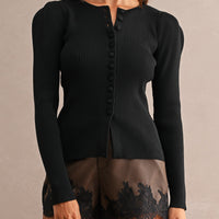 Puff Shoulder Ribbed Knit Button Front Cardigan Top