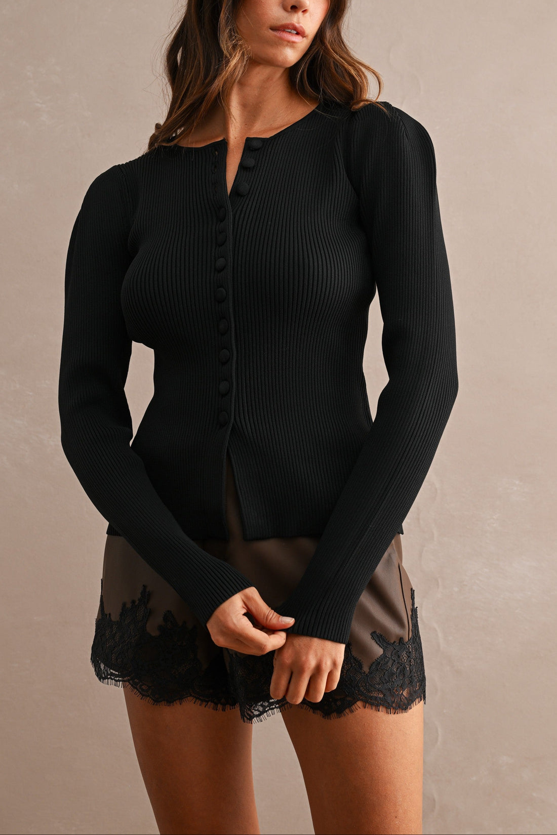 Puff Shoulder Ribbed Knit Button Front Cardigan Top