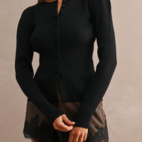 Puff Shoulder Ribbed Knit Button Front Cardigan Top