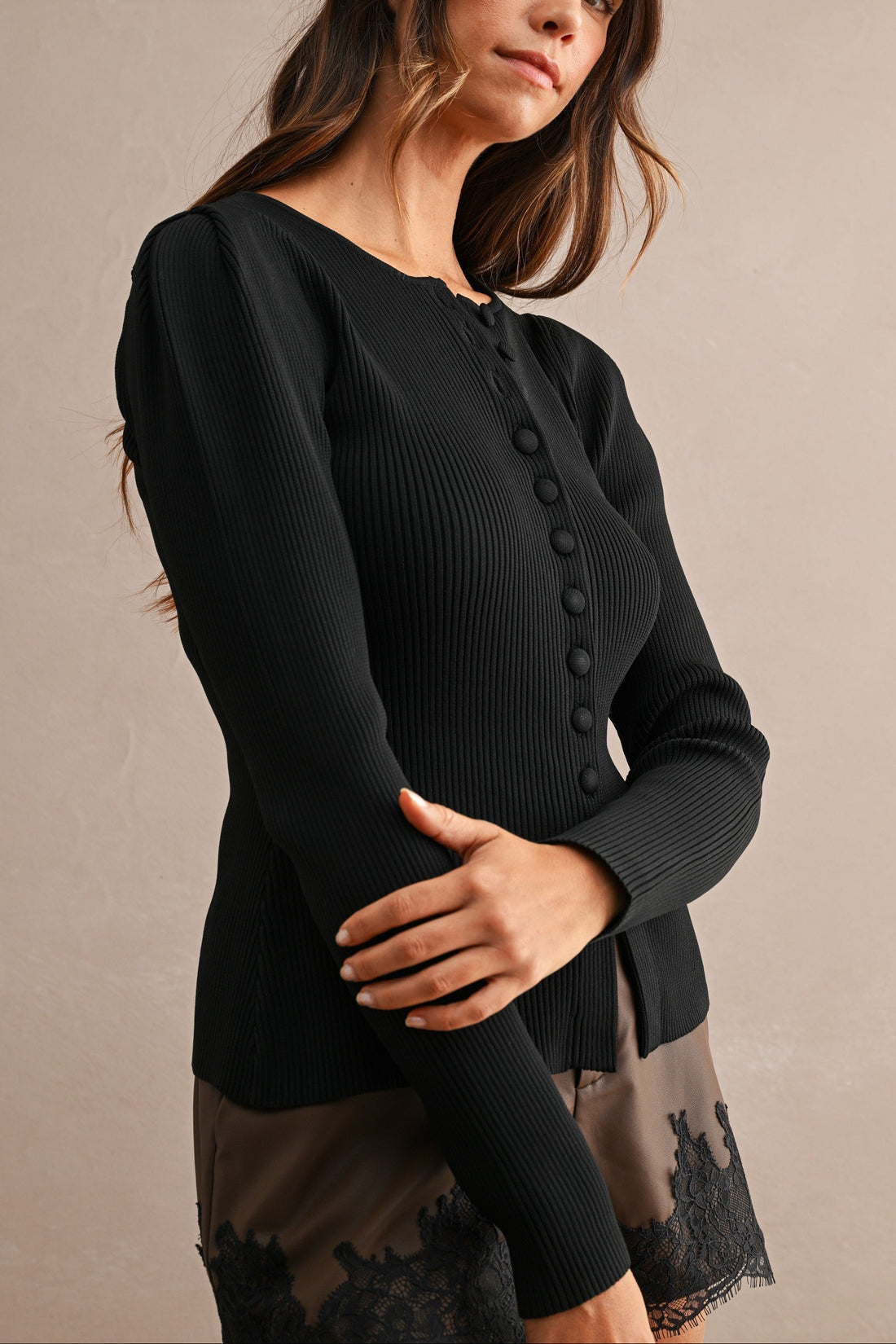 Puff Shoulder Ribbed Knit Button Front Cardigan Top