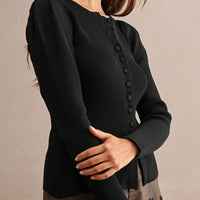 Puff Shoulder Ribbed Knit Button Front Cardigan Top