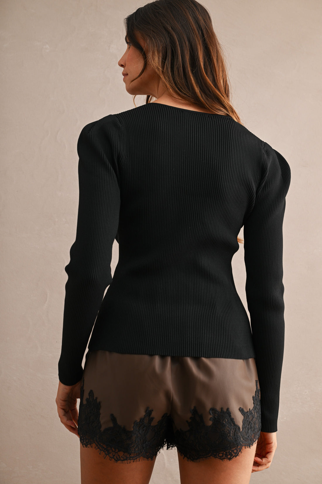 Puff Shoulder Ribbed Knit Button Front Cardigan Top