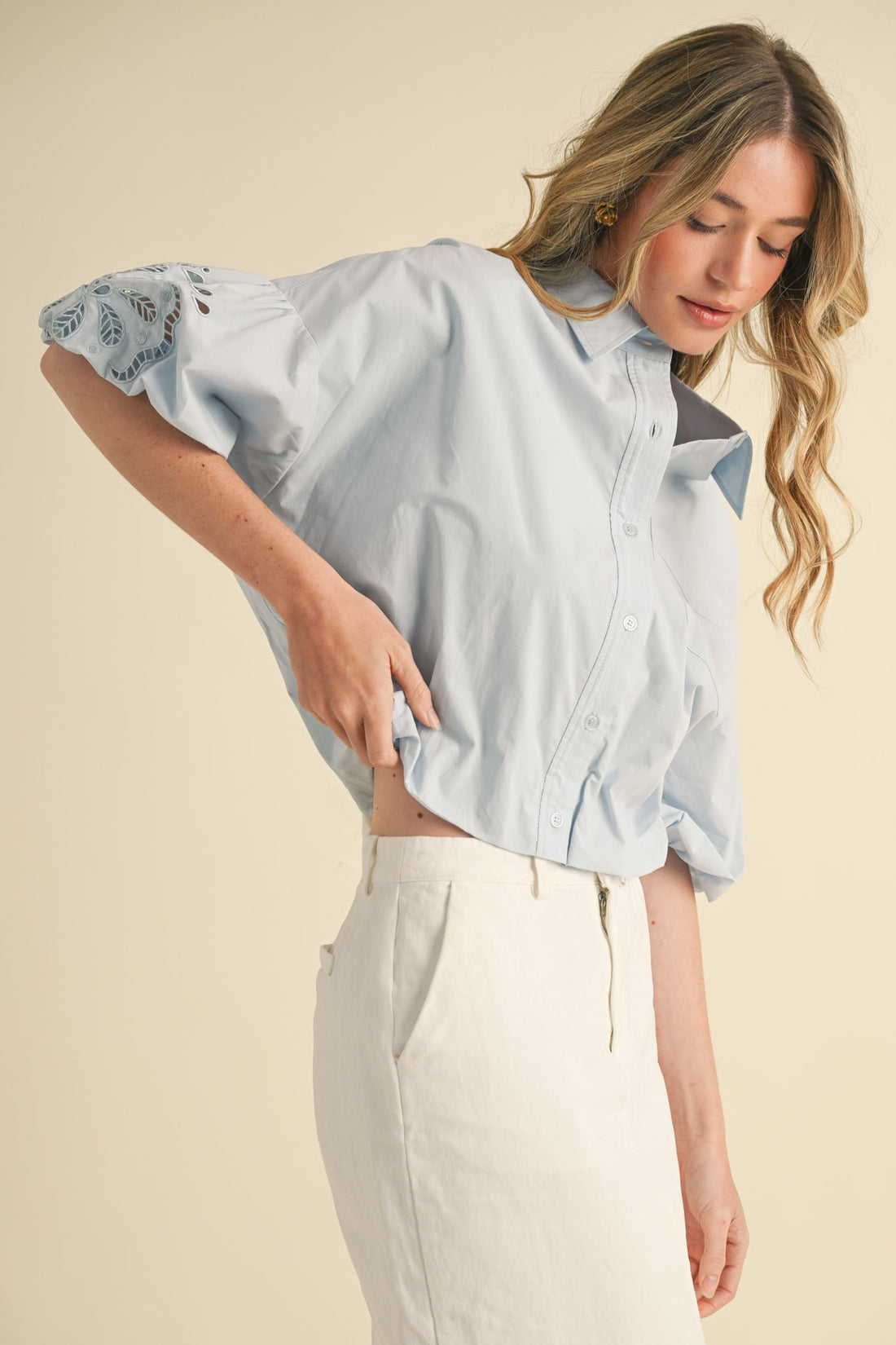 Eyelet Puff Sleeve Button Down Shirt