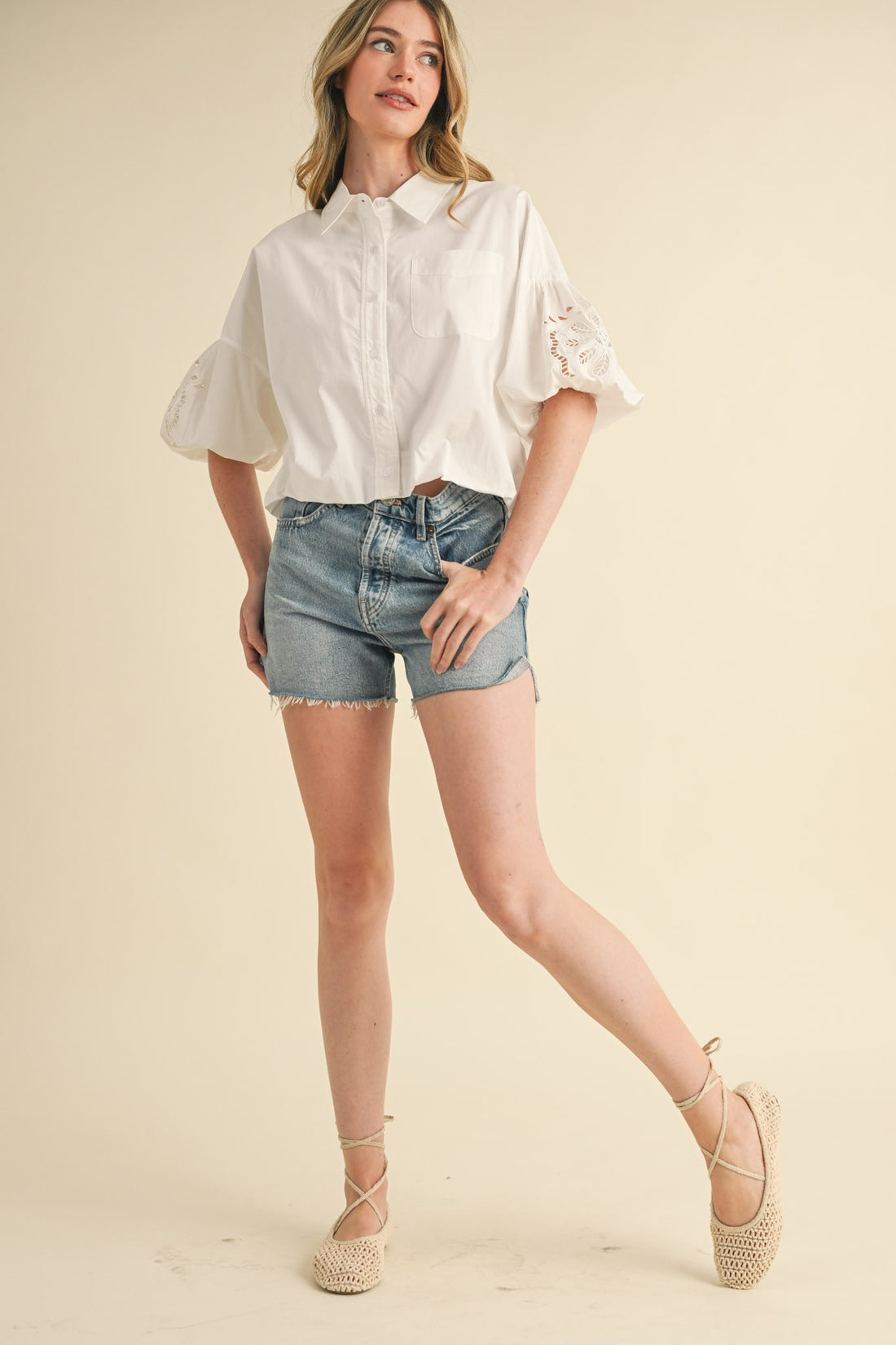 Eyelet Puff Sleeve Button Down Shirt