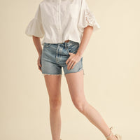 Eyelet Puff Sleeve Button Down Shirt