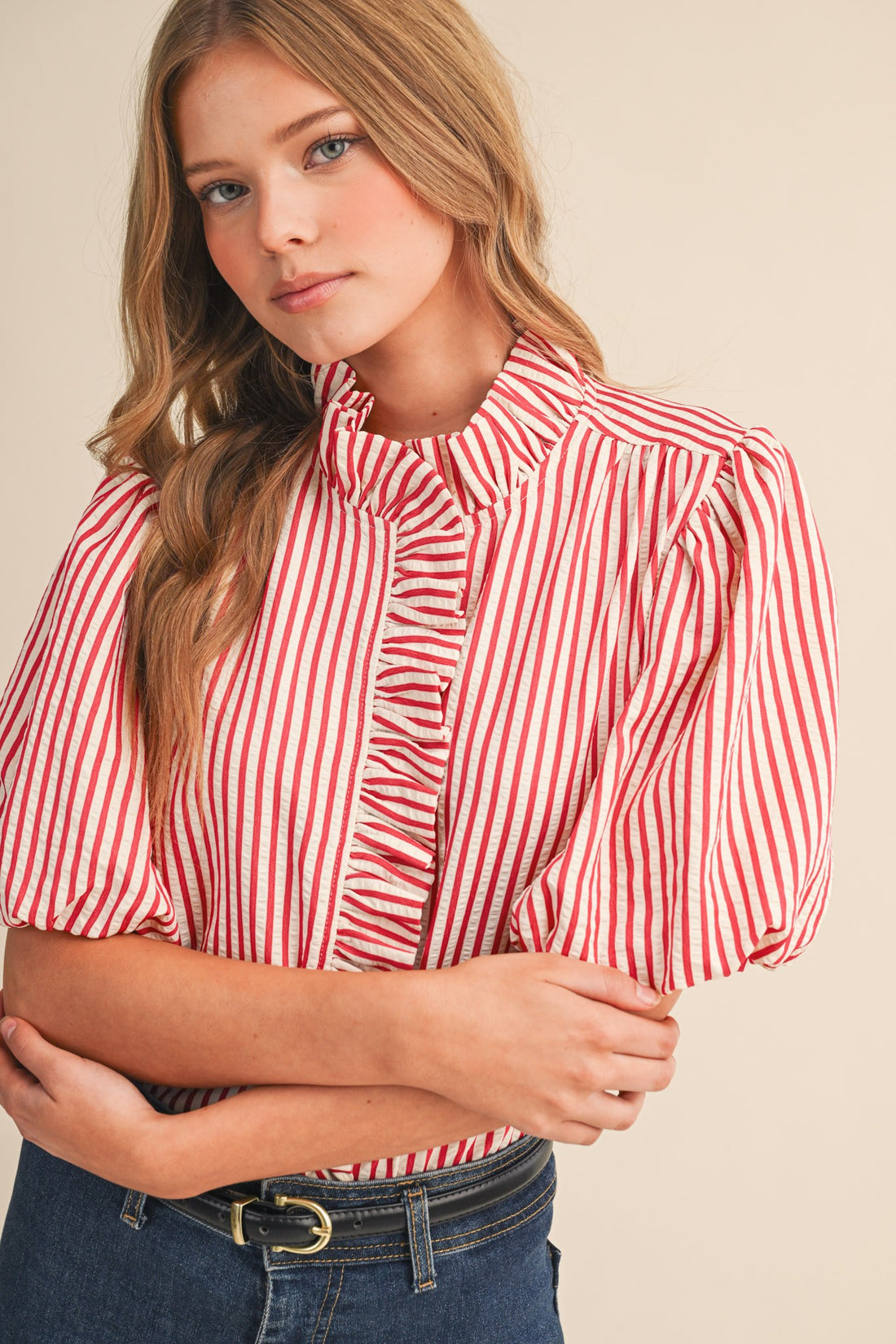 Striped Ruffle Front Puff Sleeve Top