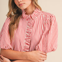 Striped Ruffle Front Puff Sleeve Top
