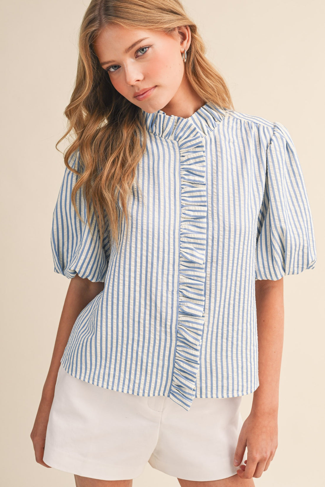 Striped Ruffle Front Puff Sleeve Top