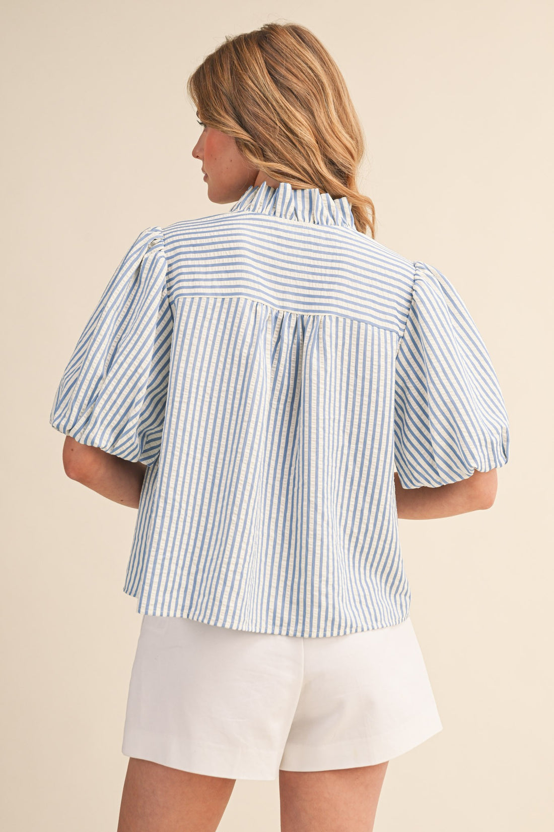 Striped Ruffle Front Puff Sleeve Top