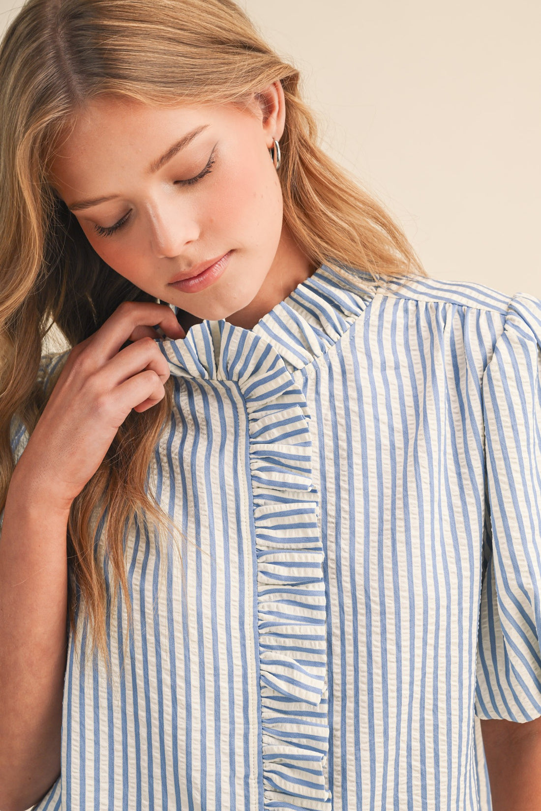Striped Ruffle Front Puff Sleeve Top