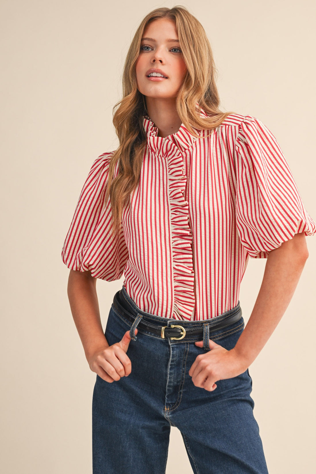Striped Ruffle Front Puff Sleeve Top