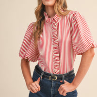 Striped Ruffle Front Puff Sleeve Top