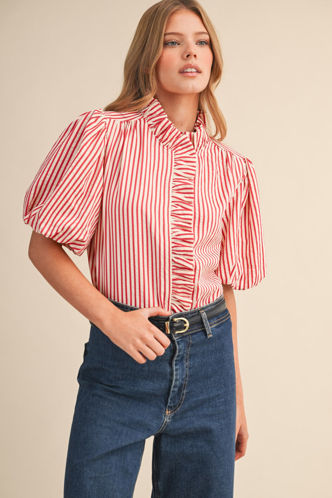 Striped Ruffle Front Puff Sleeve Top