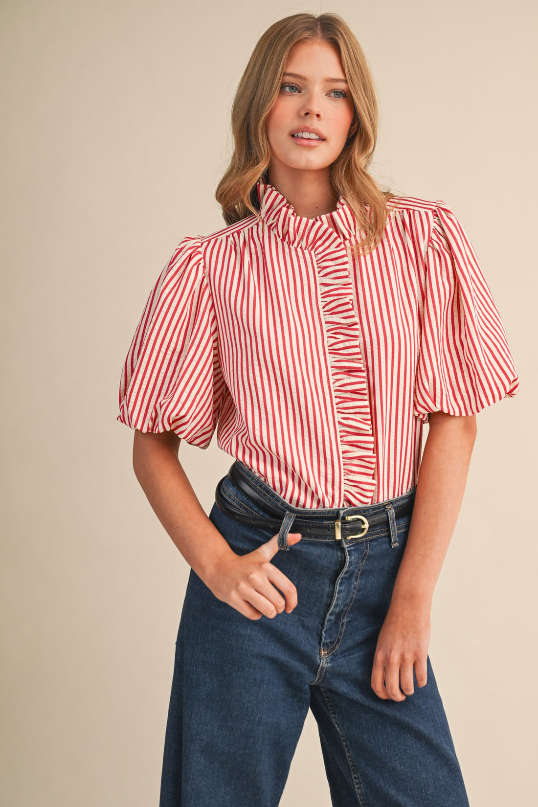 Striped Ruffle Front Puff Sleeve Top