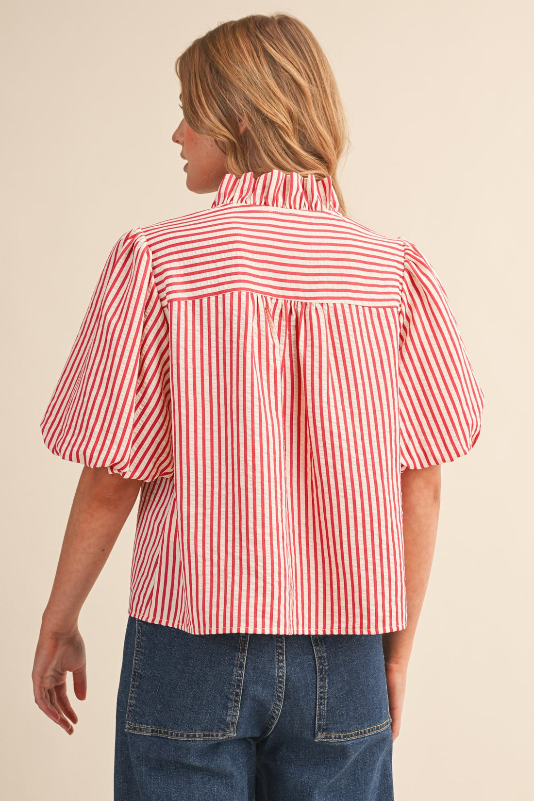 Striped Ruffle Front Puff Sleeve Top