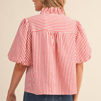 Striped Ruffle Front Puff Sleeve Top