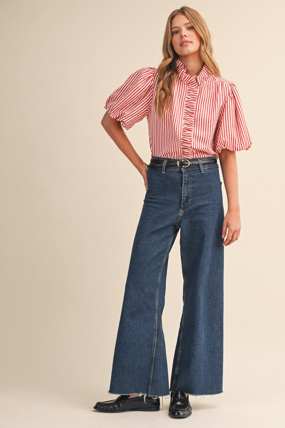 Striped Ruffle Front Puff Sleeve Top