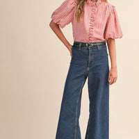 Striped Ruffle Front Puff Sleeve Top