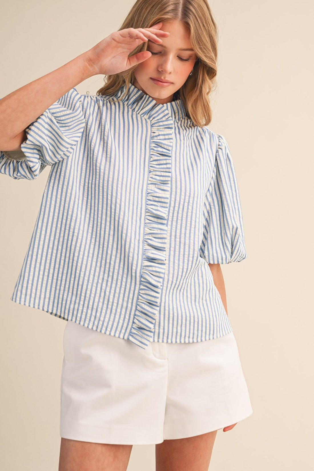 Striped Ruffle Front Puff Sleeve Top