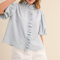 Striped Ruffle Front Puff Sleeve Top