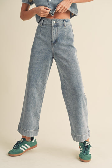 Washed Denim Crop Pants