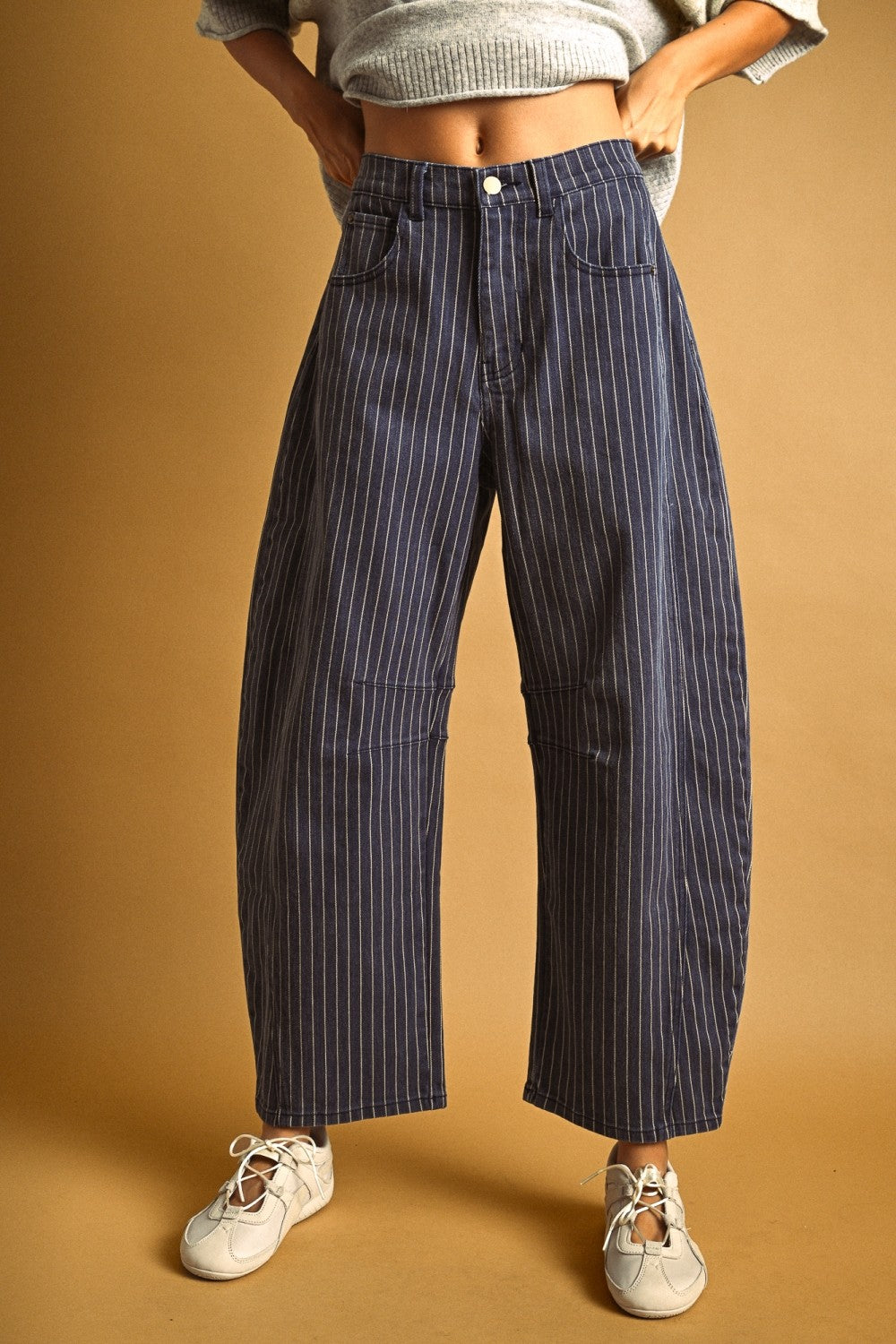 High-Rise Pinstripe Barrel Leg Cotton Pants