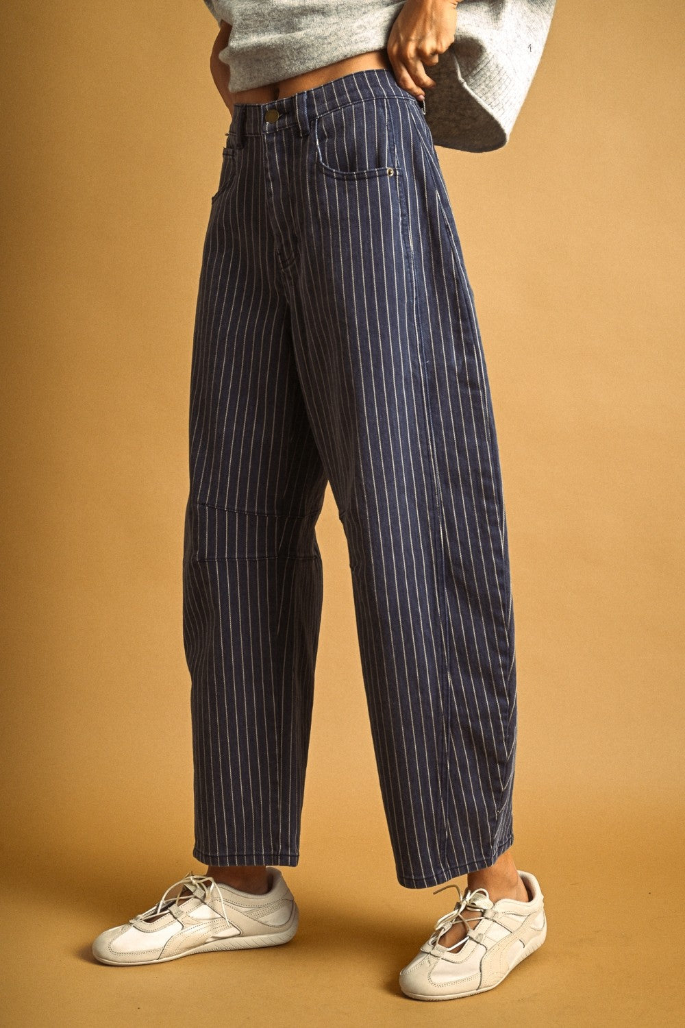 High-Rise Pinstripe Barrel Leg Cotton Pants