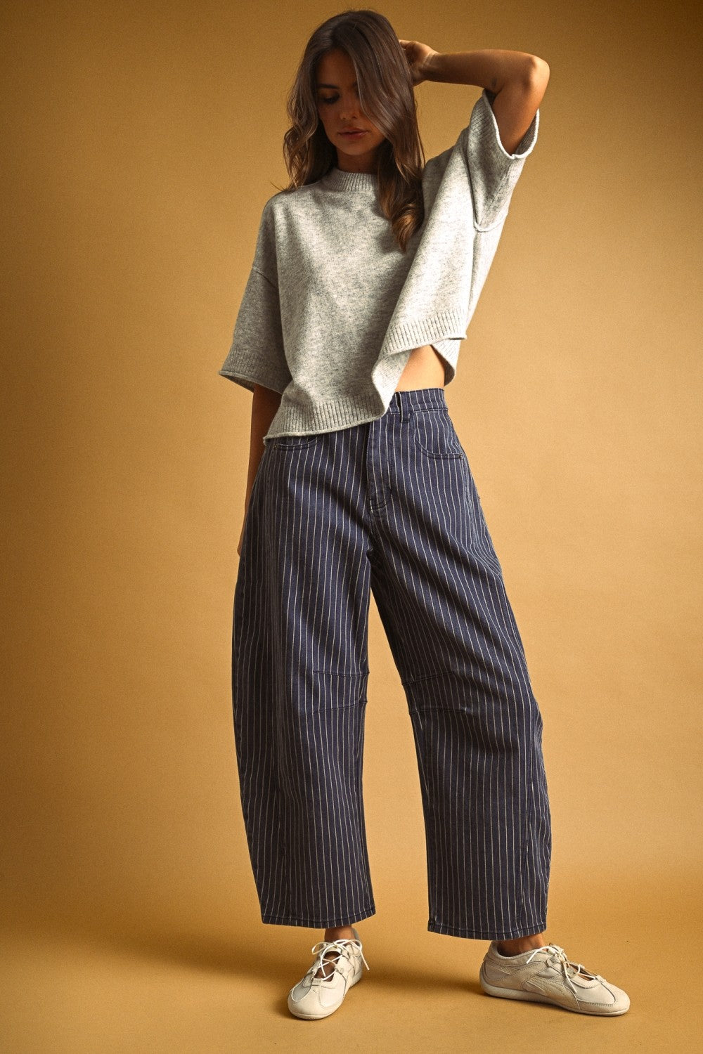 High-Rise Pinstripe Barrel Leg Cotton Pants