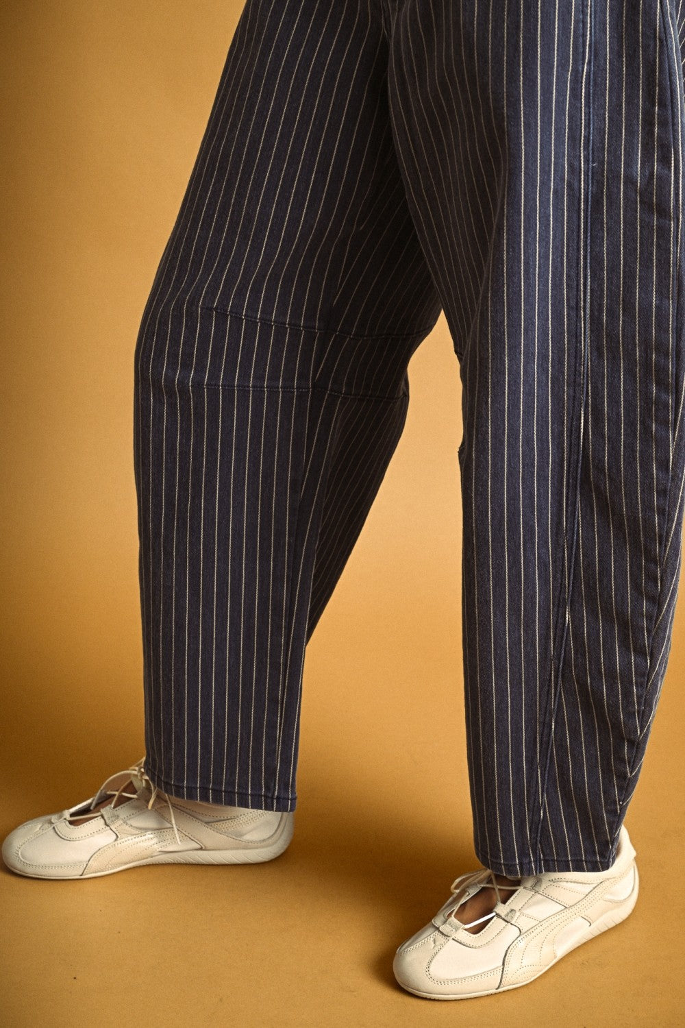 High-Rise Pinstripe Barrel Leg Cotton Pants