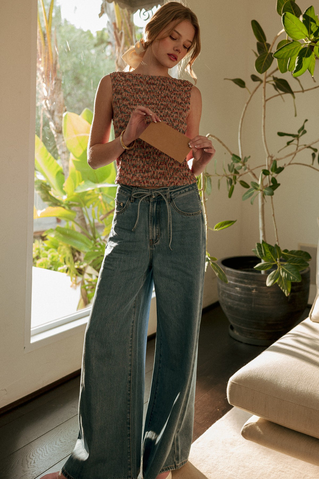 Wide Leg Drawstring Denim Pants