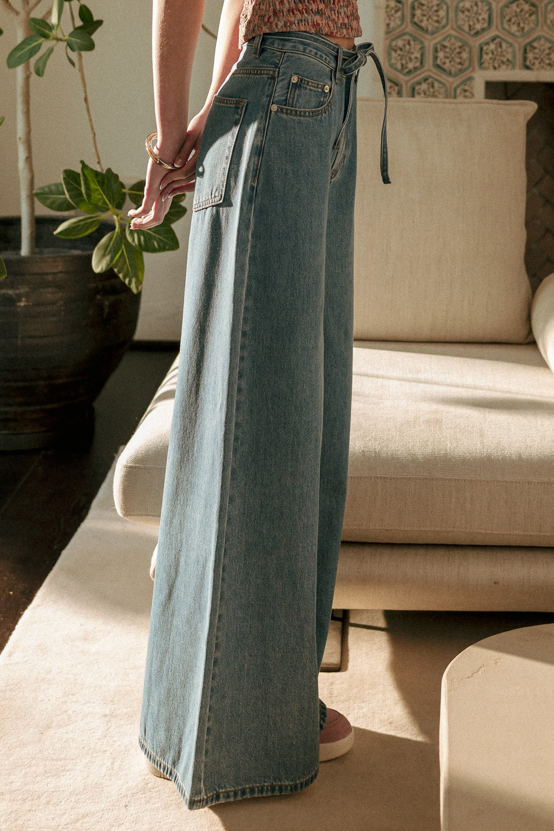 Wide Leg Drawstring Denim Pants