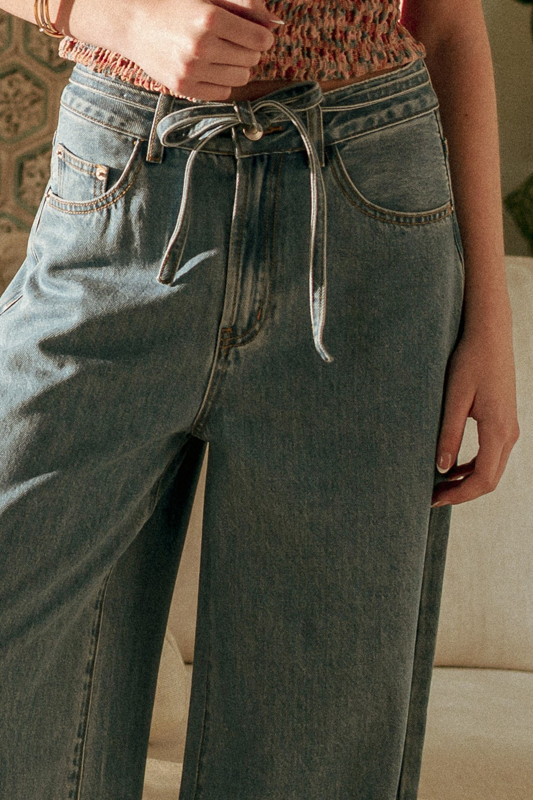 Wide Leg Drawstring Denim Pants
