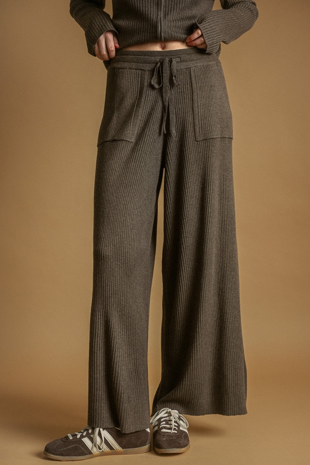 Ribbed Knit Wide Leg Drawstring Lounge Pants