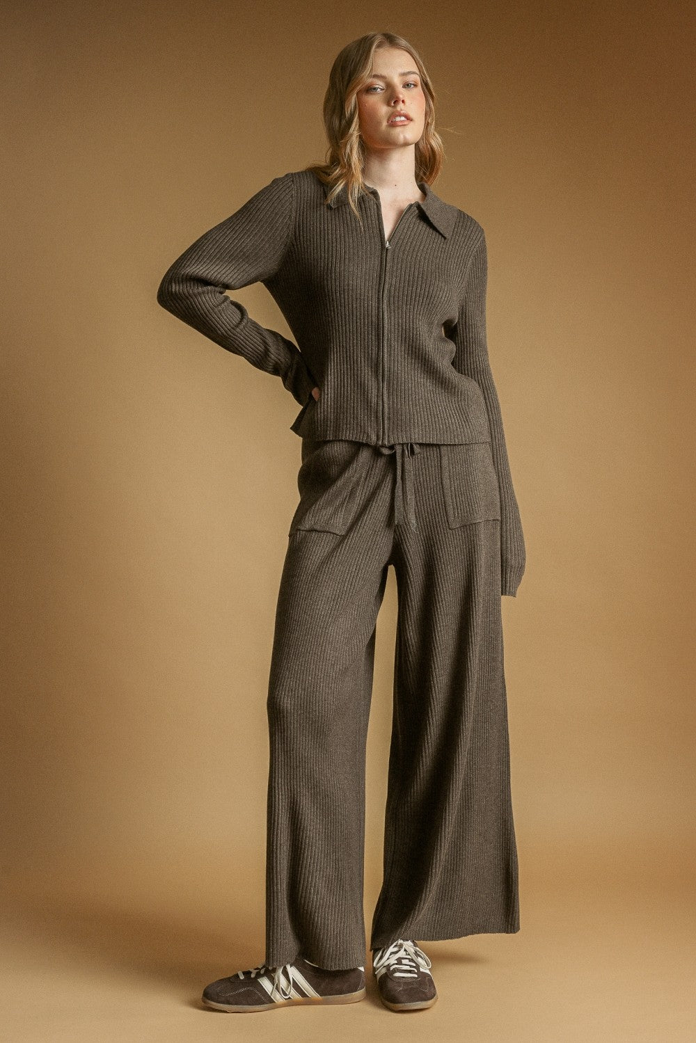 Ribbed Knit Wide Leg Drawstring Lounge Pants