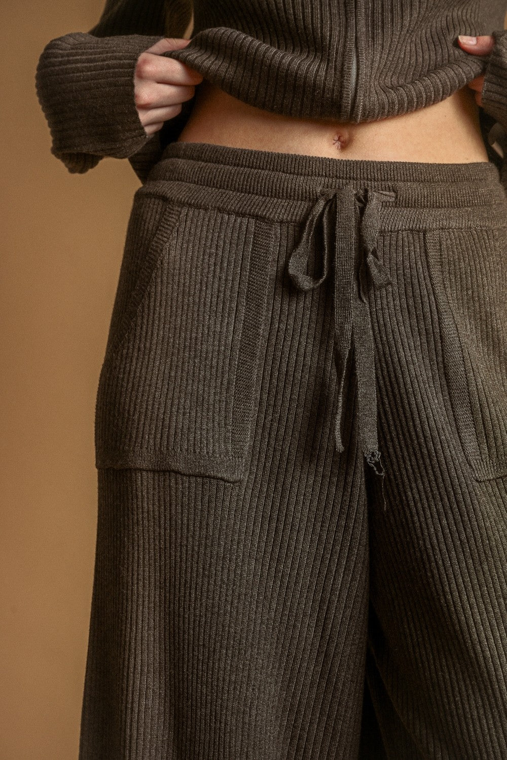 Ribbed Knit Wide Leg Drawstring Lounge Pants