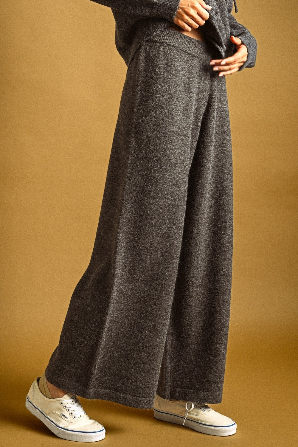 Charcoal High Waist Wide Leg Knit Pants