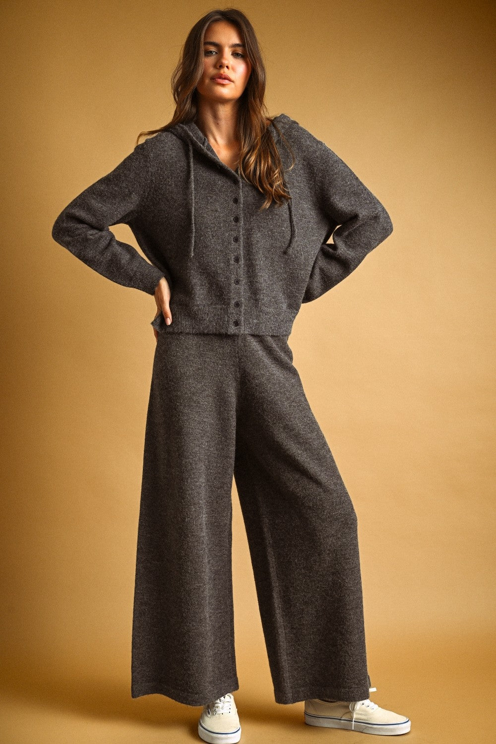 Charcoal High Waist Wide Leg Knit Pants