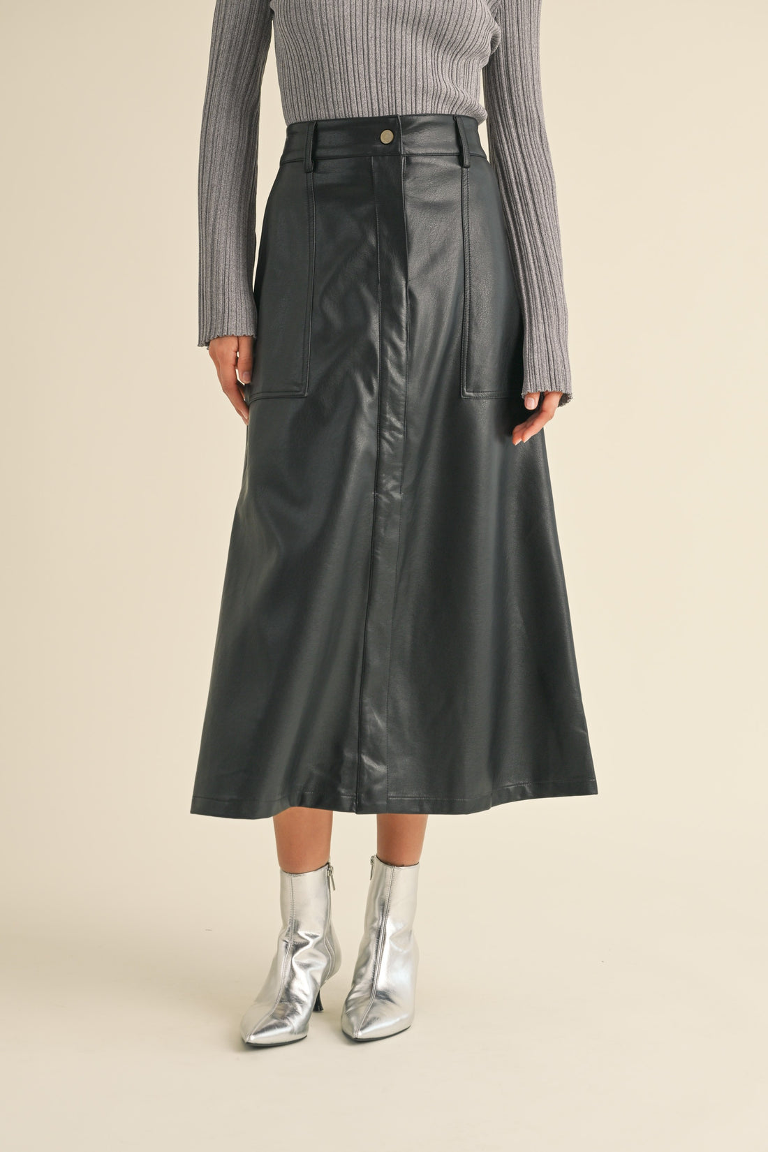 Front Slit A line Maxi Pleather Skirt - Main Image