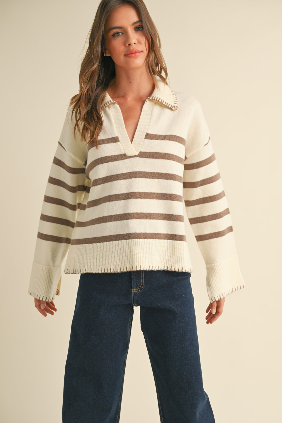 Detailed Collar Stripe Comfy Sweater