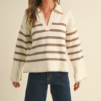 Detailed Collar Stripe Comfy Sweater