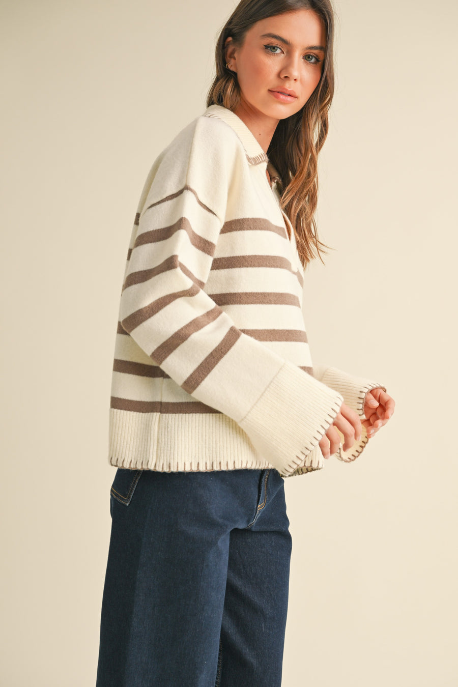 Detailed Collar Stripe Comfy Sweater