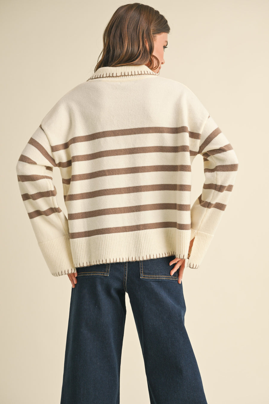 Detailed Collar Stripe Comfy Sweater