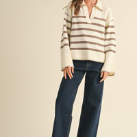 Detailed Collar Stripe Comfy Sweater