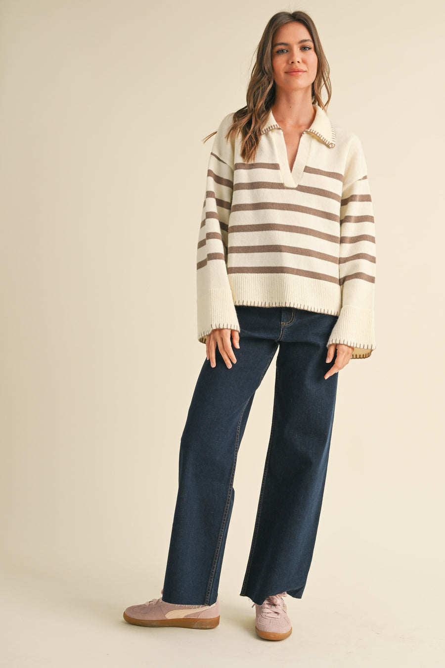 Detailed Collar Stripe Comfy Sweater