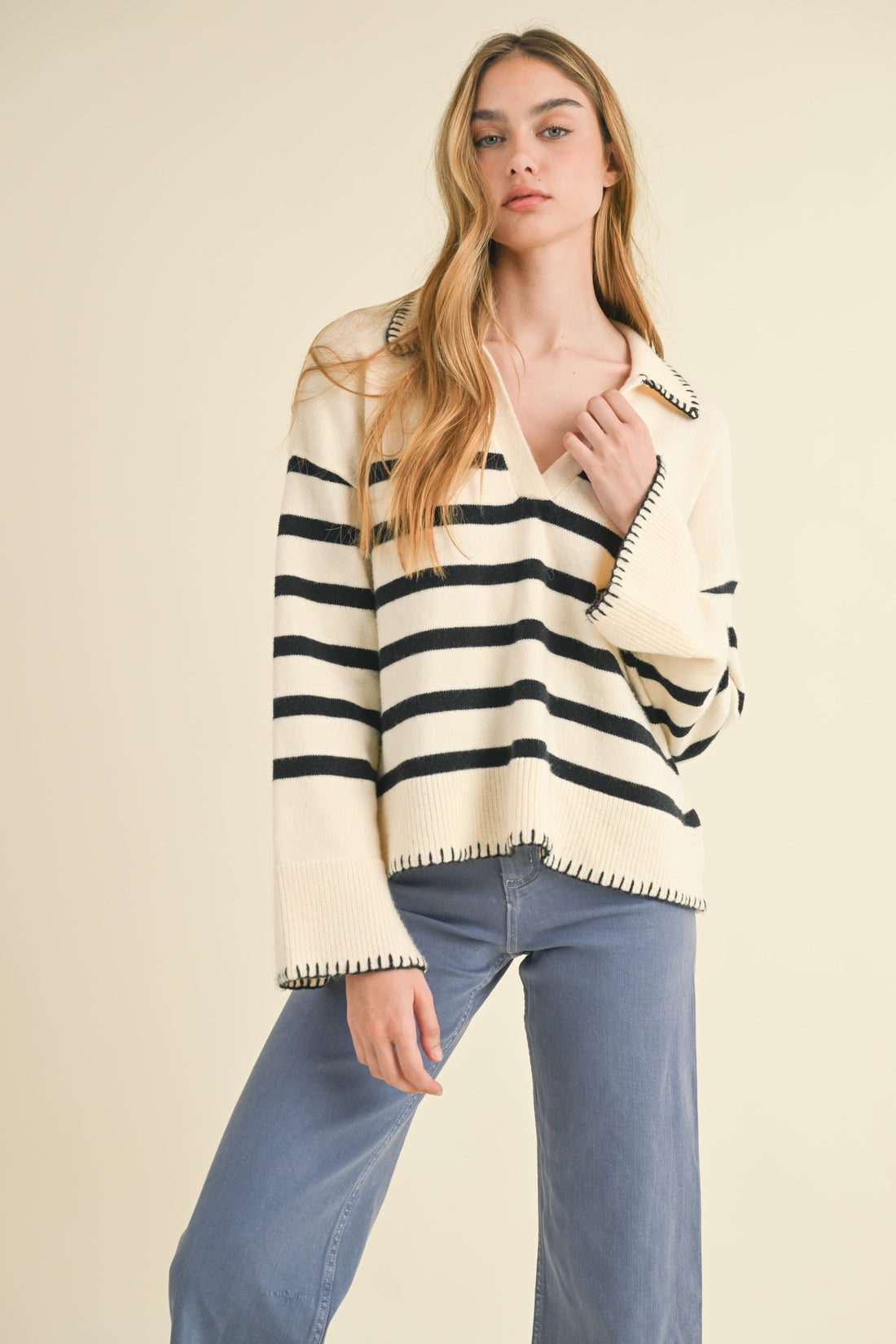 Detailed Collar Stripe Comfy Sweater