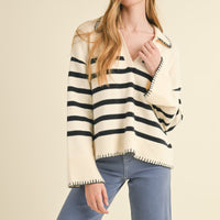 Detailed Collar Stripe Comfy Sweater