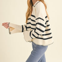 Detailed Collar Stripe Comfy Sweater