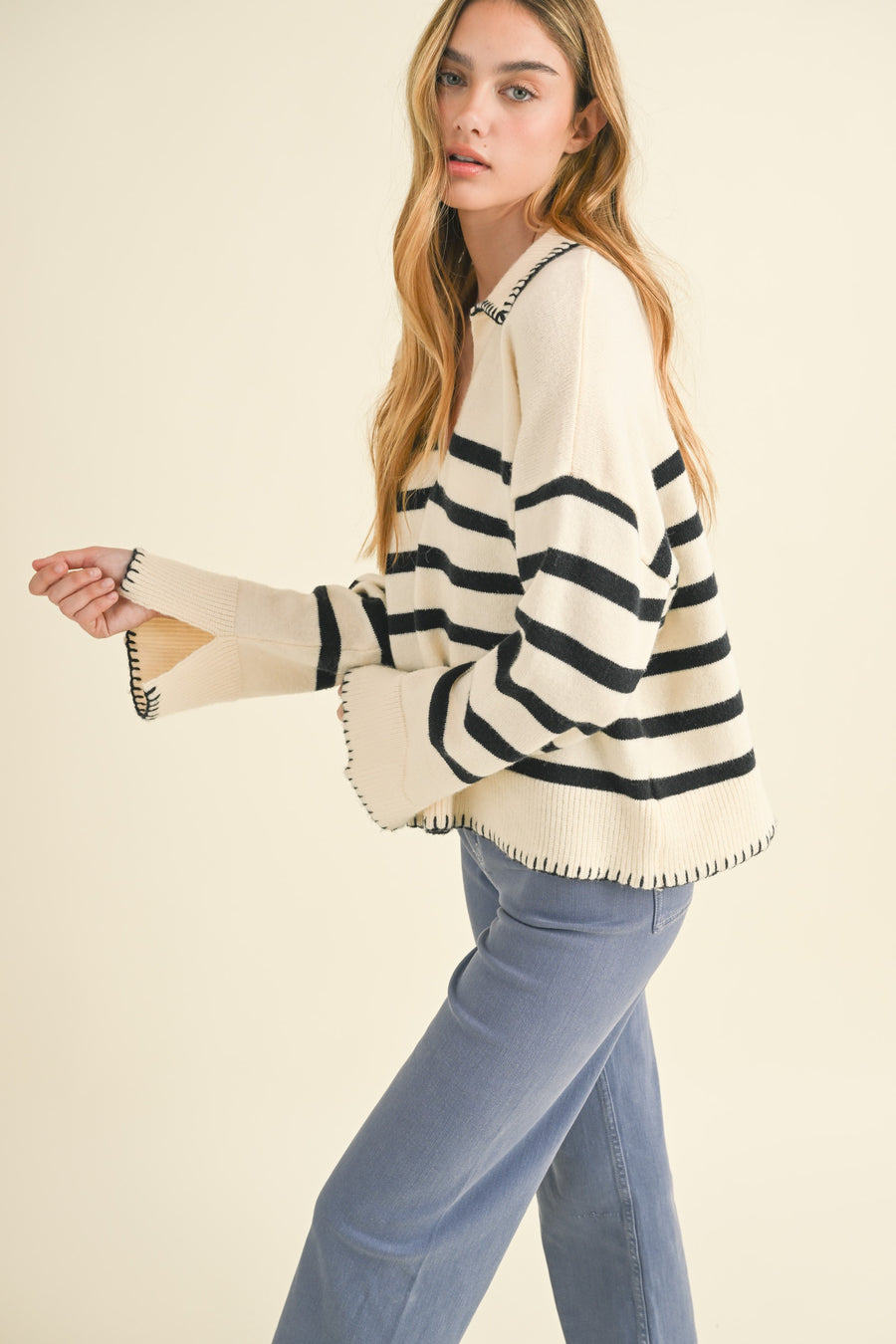 Detailed Collar Stripe Comfy Sweater